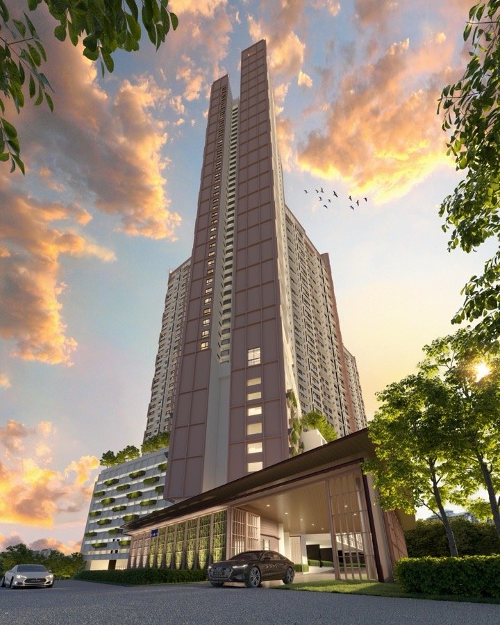 Artist's impression of The Queenswoodz @ Bukit Jalil drop-off court at dusk