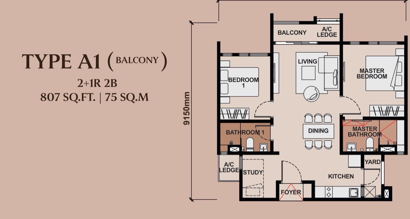 Type A1/A2 floor plan, 807 sq.ft, 2+1 Bedrooms 2 Bathrooms