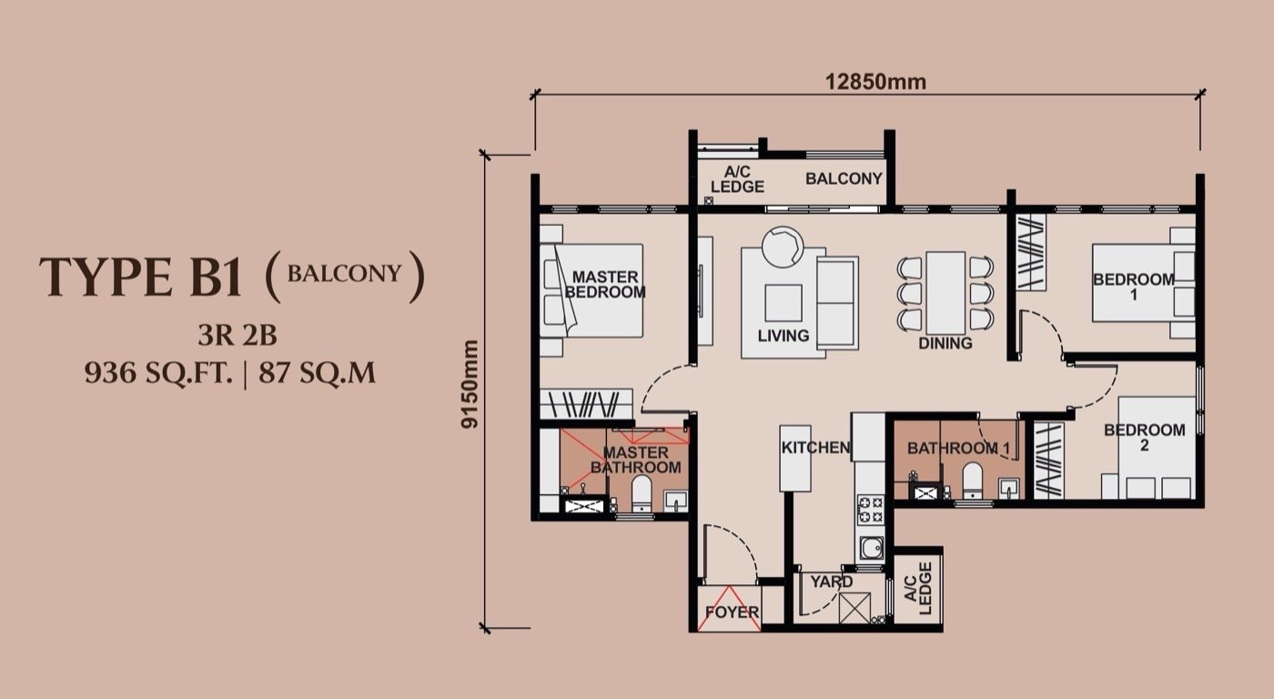Type B1/B2 floor plan, 936 sq.ft, 3 Bedrooms 2 Bathrooms