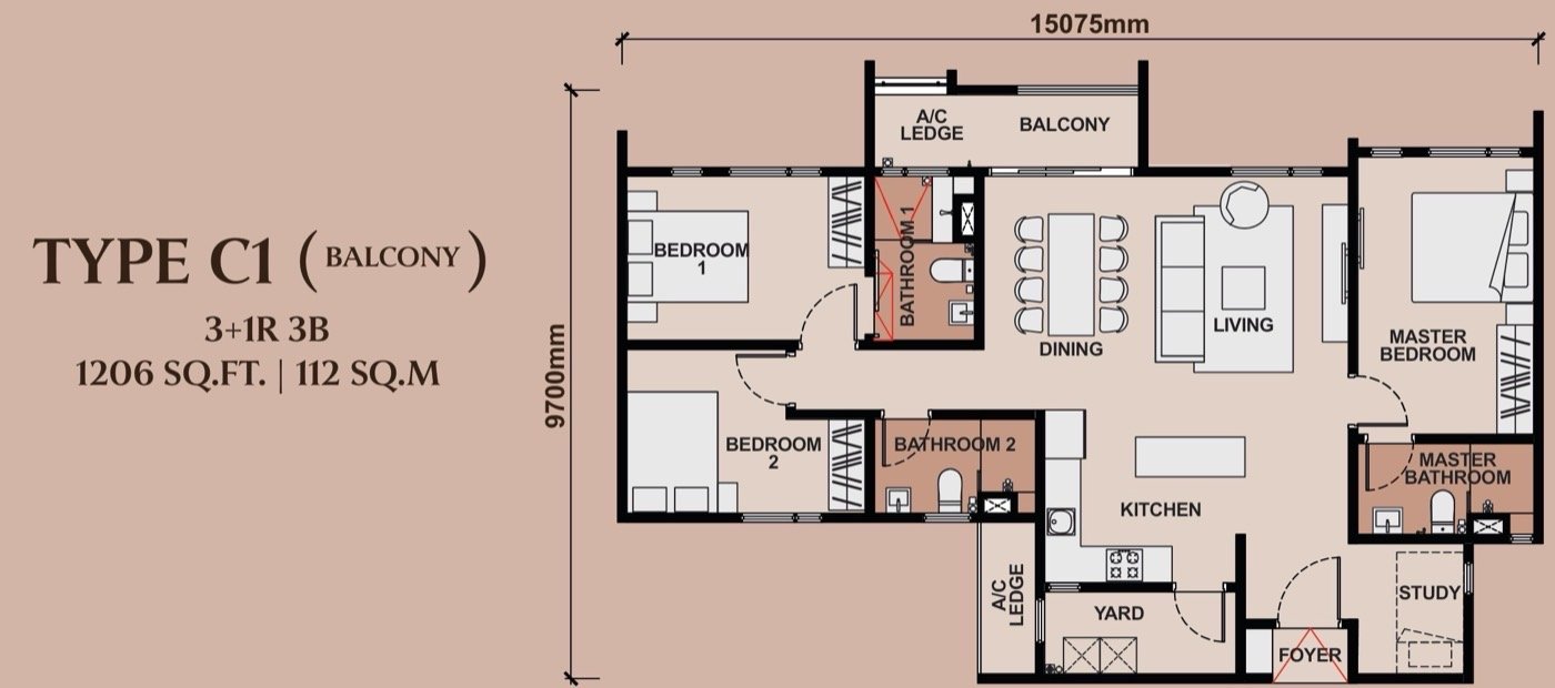 Type C1/C2 floor plan, 1,206 sq.ft, 3+1 Bedrooms 3 Bathrooms