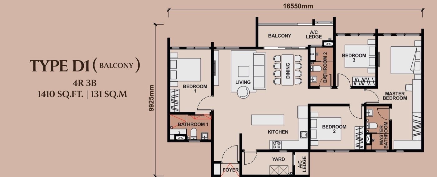 Type D1 floor plan, 1,410 sq.ft, 4 Bedrooms 3 Bathrooms