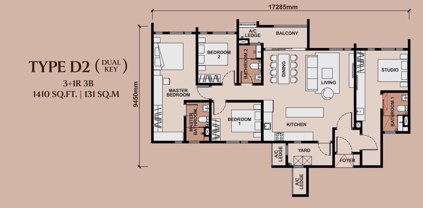 Type D2 Dual Key floor plan, 1,410 sq.ft, 3+1 Bedrooms 3 Bathrooms