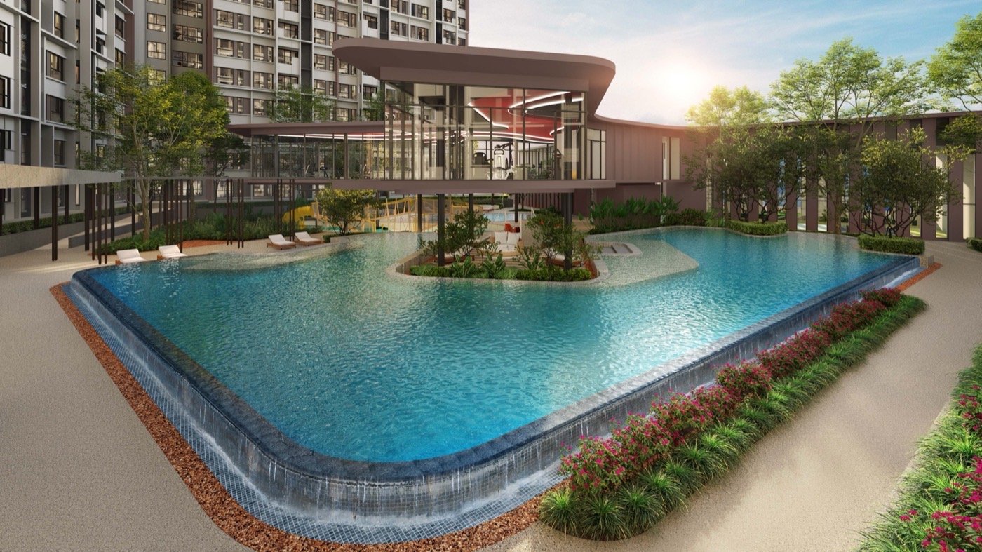 Artist's impression of The Queenswoodz leisure pool deck