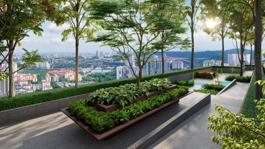 Artist's impression of The Queenswoodz rooftop garden terrace with KL skyline view